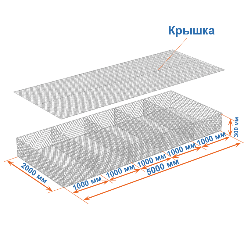 Габион матрац ГСИ-М 5х2х0,3 оцинкованный, Ø проволоки 2,2 мм, размер ячейки 6х8 см фото