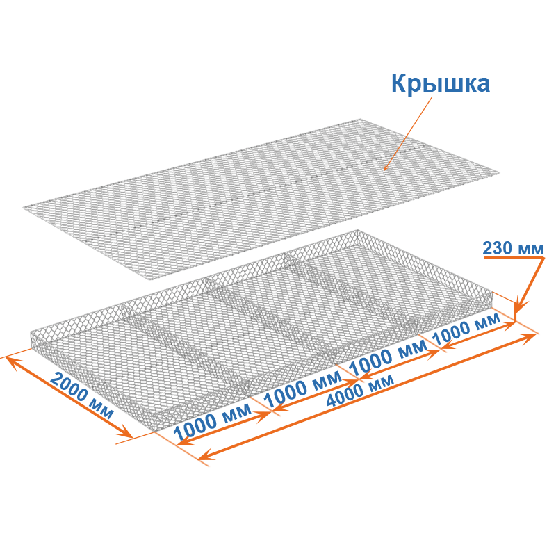 Габион матрац ГСИ-М 4х2х0,23 оцинкованный / ЦП, Ø проволоки 2,7/3,7 мм, размер ячейки 8х10 см фото