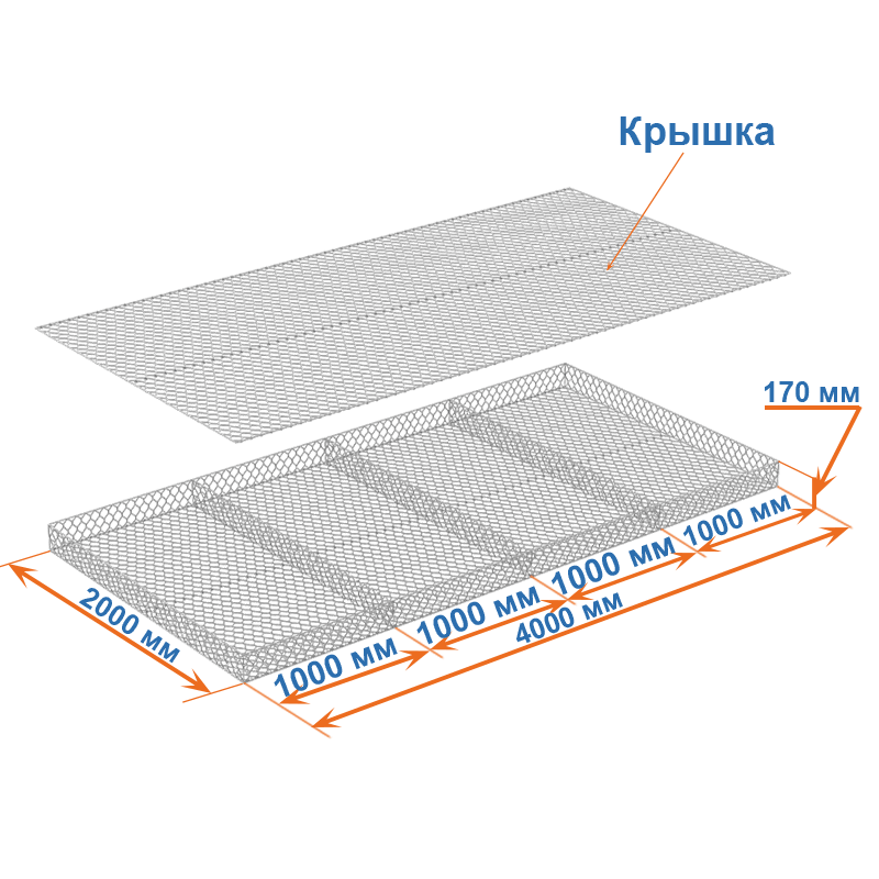Габион матрац ГСИ-М 4х2х0,17 оцинкованный, Ø проволоки 2,2 мм, размер ячейки 6х8 см фото